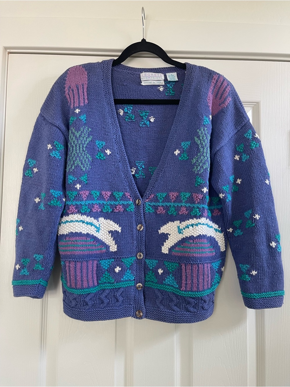 Women’s Vintage Segrets Sun Prints Hand Knitted V-Neck Cardigan Sweater Size M
